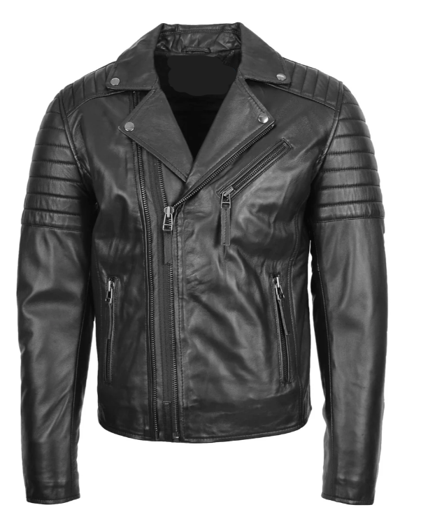 Mens Biker Leather Jacket Dual Zip Hook Black