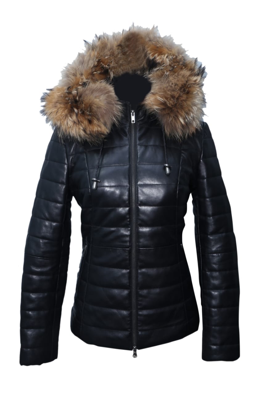 Black fur neck Jacket for women -- Al-Fateh-Leather Garments