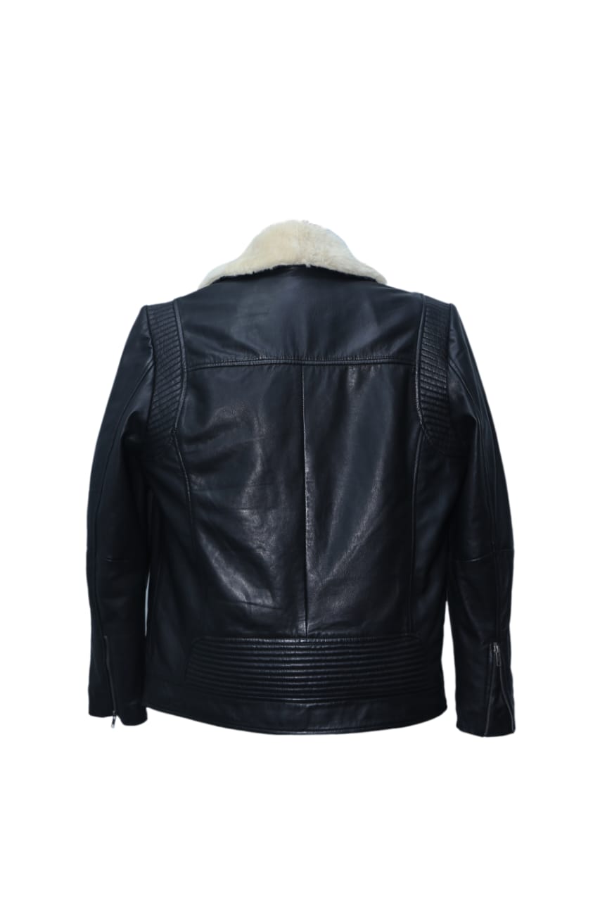 White Furr on Neck Black Men's Jacket -- Al-Fateh-Leather Garments thumbnail 3