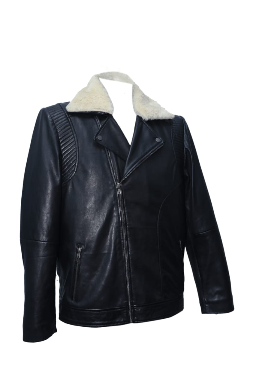 White Furr on Neck Black Men's Jacket -- Al-Fateh-Leather Garments thumbnail 4