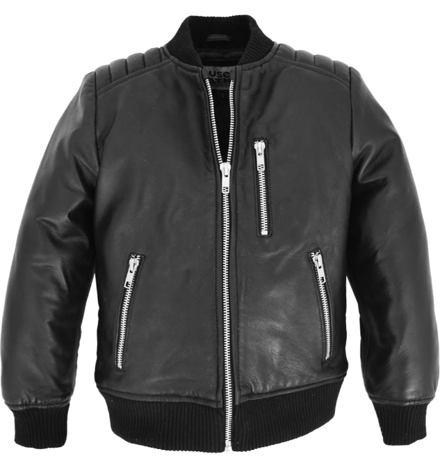 Boys Real Leather Bomber Varsity Style Jacket Lucas Black -- Al-Fateh-Leather Garments