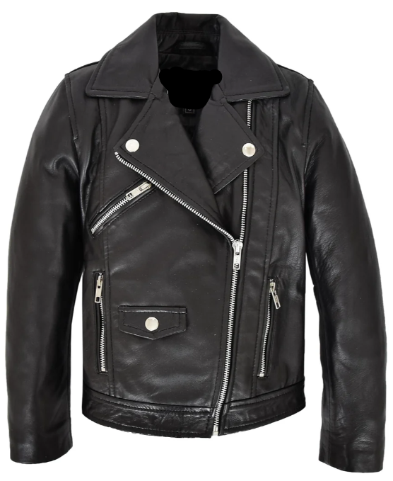 Girls Real Leather Cross Zip Biker Style Jacket Jet Black -- Al-Fateh-Leather Garments