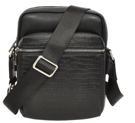 Mens Real Leather Croc-Print Crossbody Bag Casual Messenger Flight Pouch Delmon Black