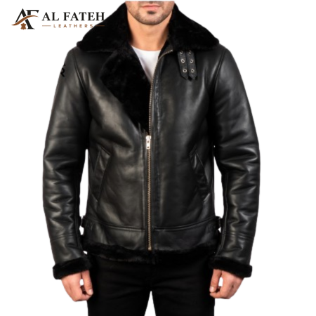 Black Men's Jacket with Furr on Sleeves and collar -- Al-Fateh-leather-garments