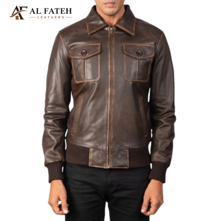 Tan Men's Jacket with 2 upper pockets -- Al-Fateh-Leather-Garments