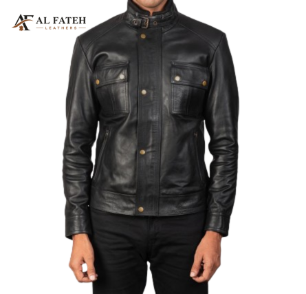 Black Mens Button Style 4 Pockets Jacket-- Al-Fateh-Leather Garments