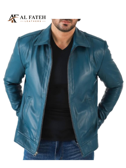 Elegant Blue Leather Jacket for men