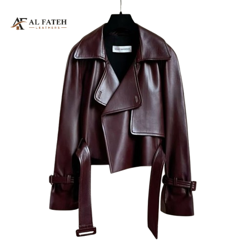 Burgundy Belts Style Women Jacket -- Al-fateh-leather Garments