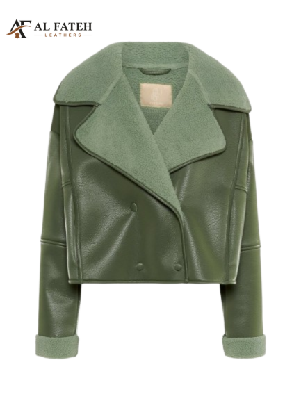 Green Crop Style Jacket with Furr design on Sleeves and Collar -- Women -- Al-fateh-leather Garments