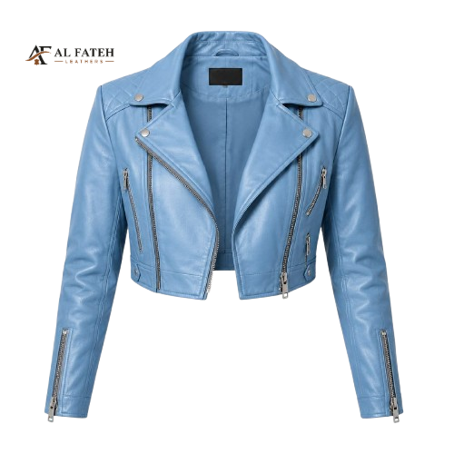 Sky blue Crop Style Multi Zip Women Jacket