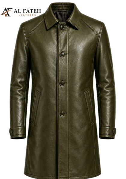 Olive green Men Long Coat Mid Length-- Al-fateh-leather Garments