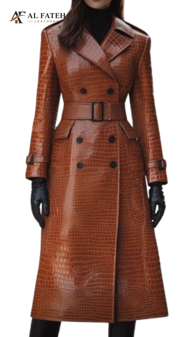 Crocodile Skin style women long coat Dark Brown