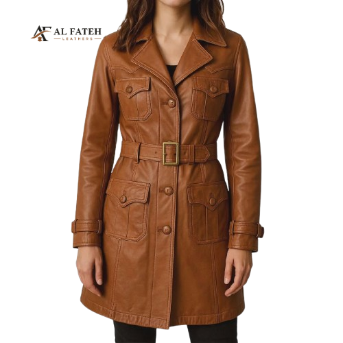 Brown 4 pocket mid length women coat